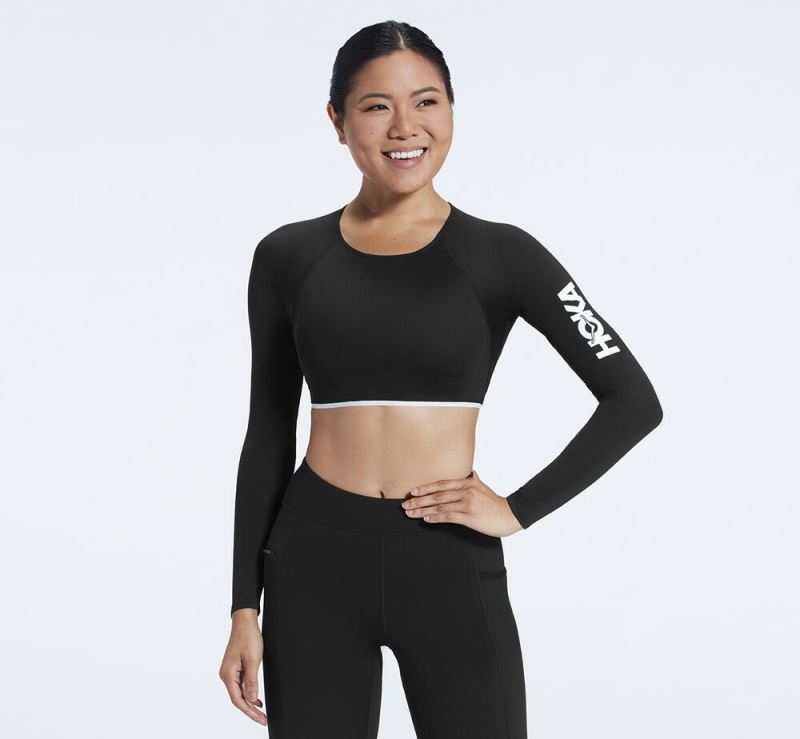 Hoka One One Long Sleeve Crop Top - Top Mulher Pretas | PT-q6uUzBf